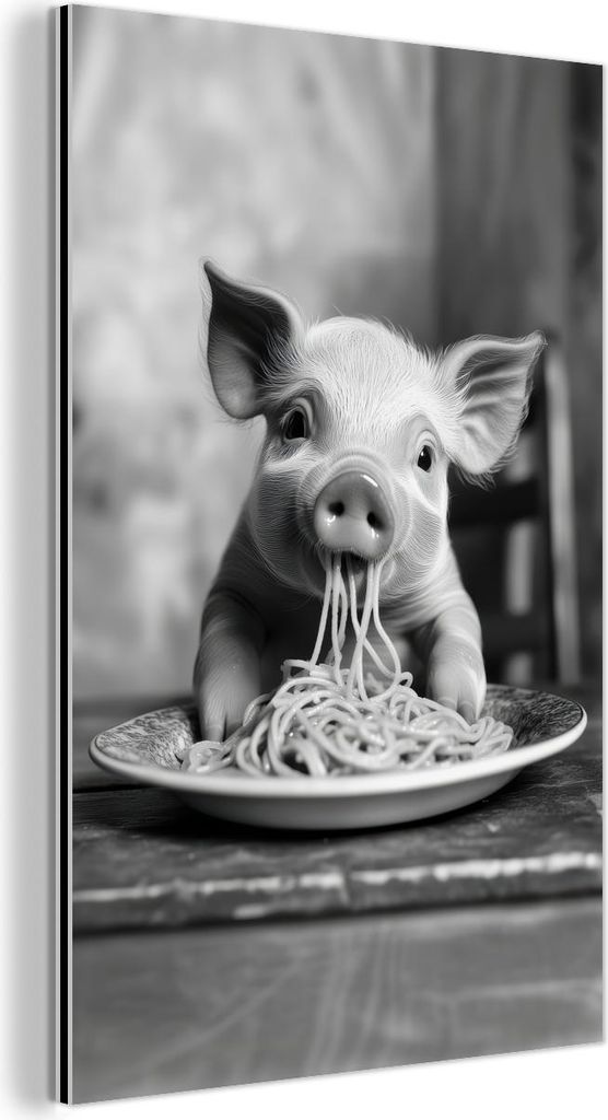 MuchoWow Wanddekoration Metall Metallbild Wandkunst 100x150 cm Schwein - Niedlich - Spaghetti - Schwarz und weiß - Tier MuchoWow Aluminium Gemäld...