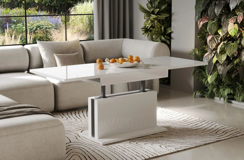 Endo-Möbel Couchtisch Solaria 110-170 ausziehbar höhenverstellbar mit Synchronauszug (Weiß Hochglanz)