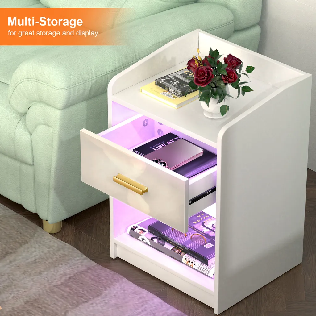 Table de nuit avec éclairage LED connecté et rangements ouverts blanche