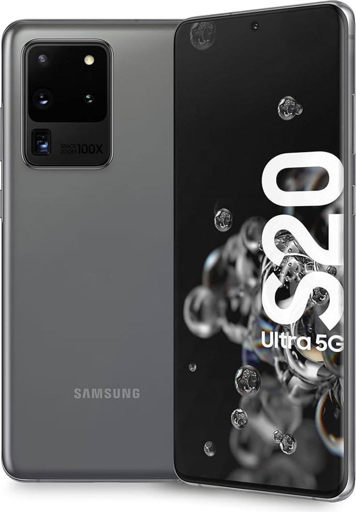 A Samsung Galaxy S20 Ultra 5G smartphone is shown from the back and front, with the screen displaying marketing text and graphics.