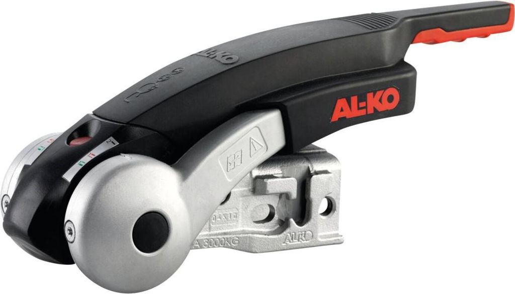A close-up studio shot of a trailer coupling device.