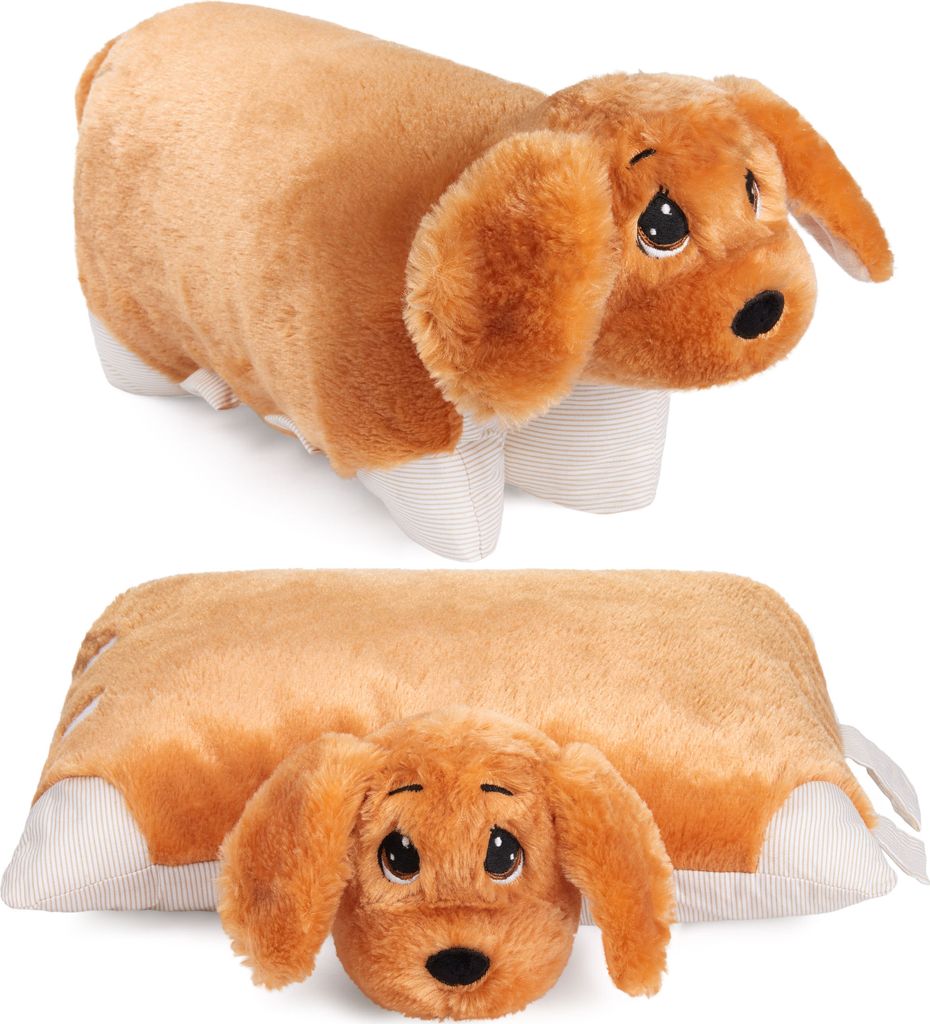 Two views of a plush dog pillow.