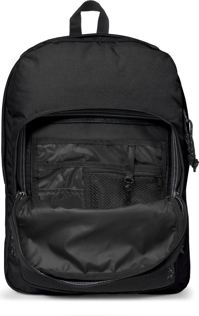 A black Eastpak Pinnacle rucksack with its main compartment open, revealing internal pockets.
