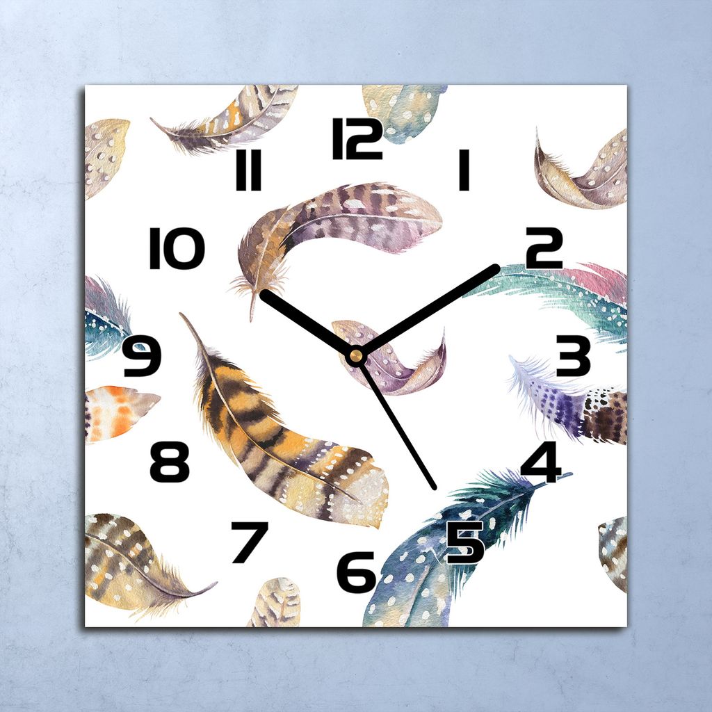Wanduhr Echt-Glas-Küchenuhr Bunte Vogel Federn Quarz 30x30 Deko Bilder