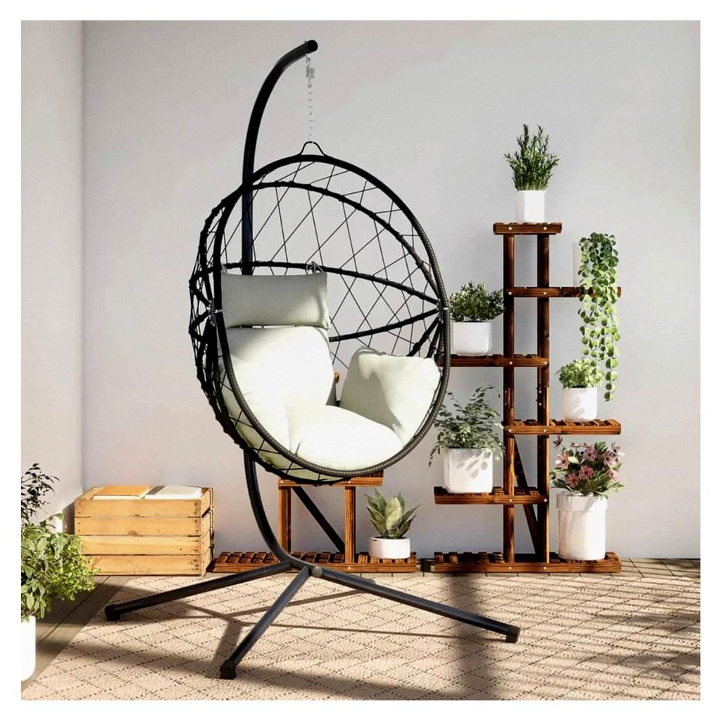 Hängesessel im Ei-Design mit Ständer in Beige aus Rattan und Stahl, Hängeschaukel für Innen- und Außenbereich