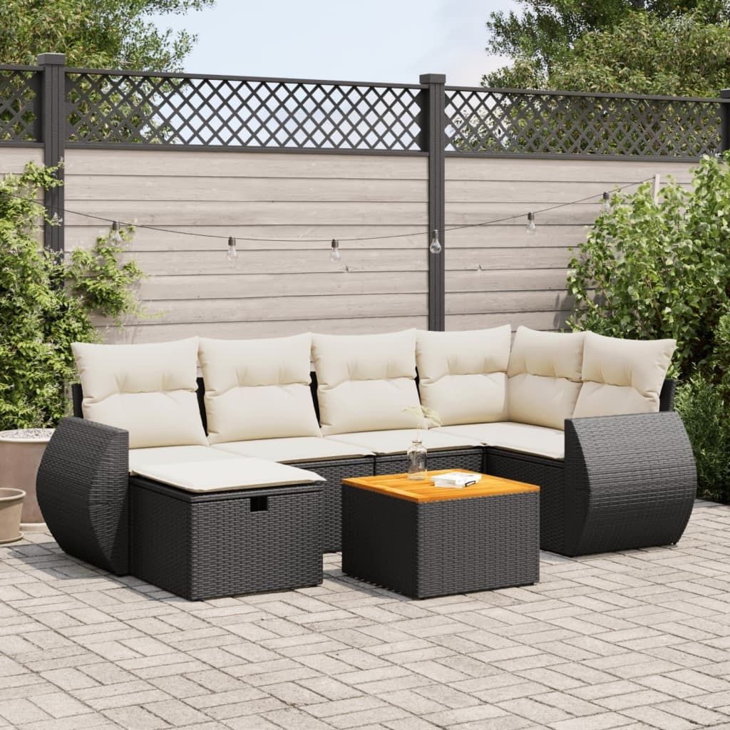 "2026 Promotion" 7-tlg. Garten-Sofagarnitur/Terrassenmöbel - mit Kissen - Schwarz Poly Rattan - Gartenmöbelset CC18046