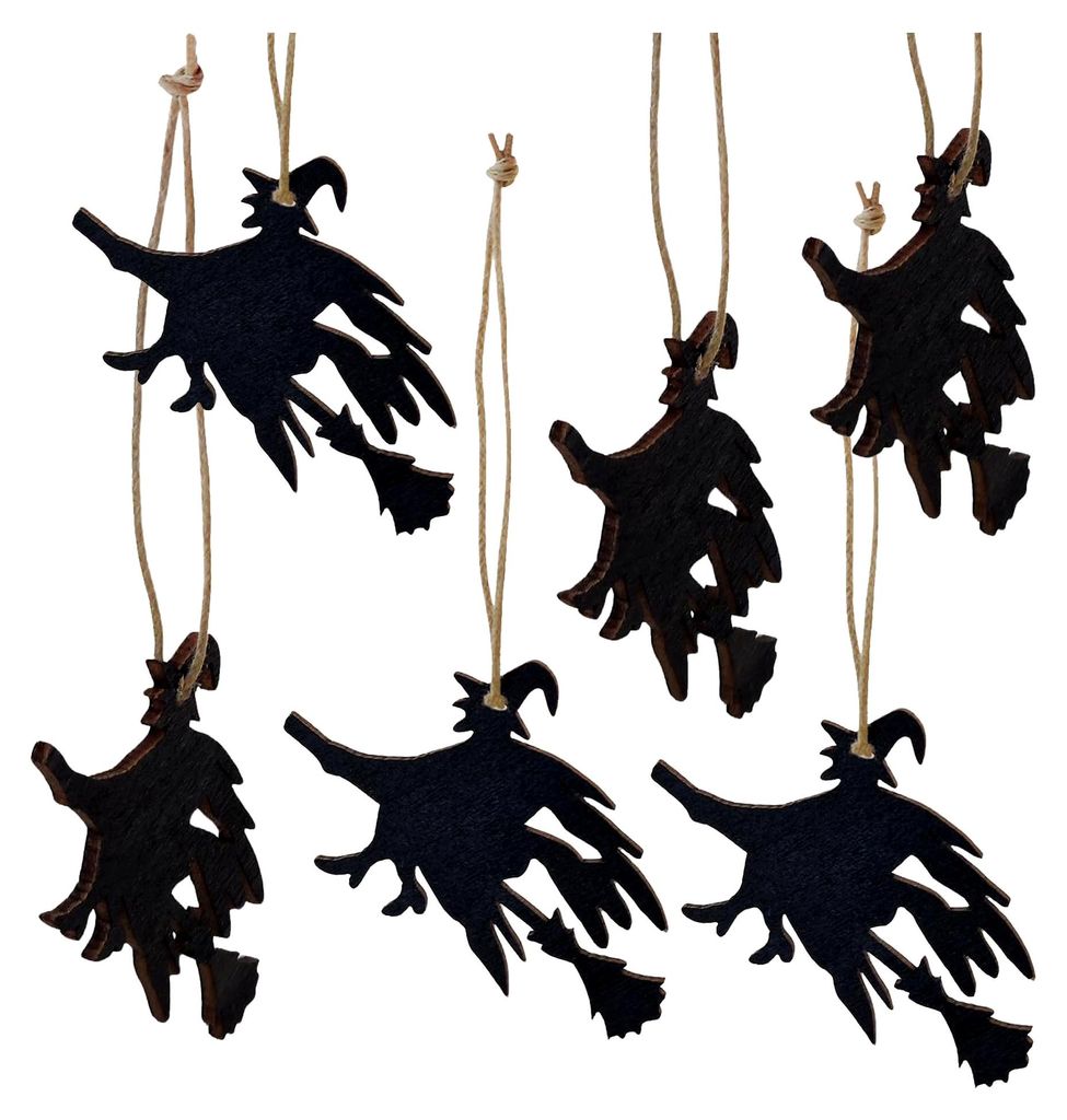 Hexen-Anhänger, 6 Stück: Holzanhänger für Halloween und Herbst, Hängedeko in Schwarz, Figuren zum Aufhängen für Innen, Tisch- und Fensterdek...