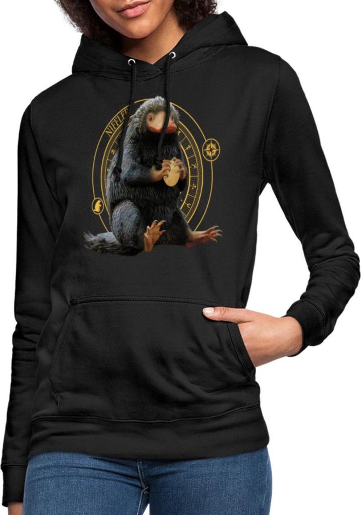 Spreadshirt Phantastische Tierwesen Niffler mit Gold Damen Hoodie, M, Schwarz