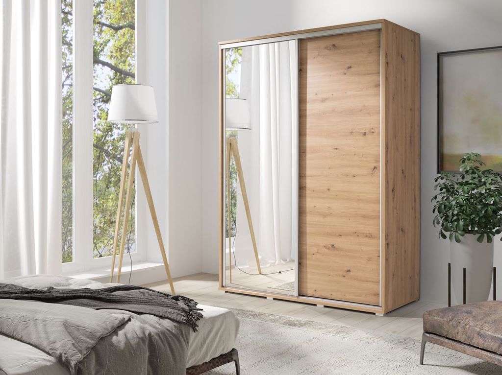 Hoher Kleiderschrank 155 cm mit Spiegel DANUBE 2 – Eiche handwerklich gefertigt