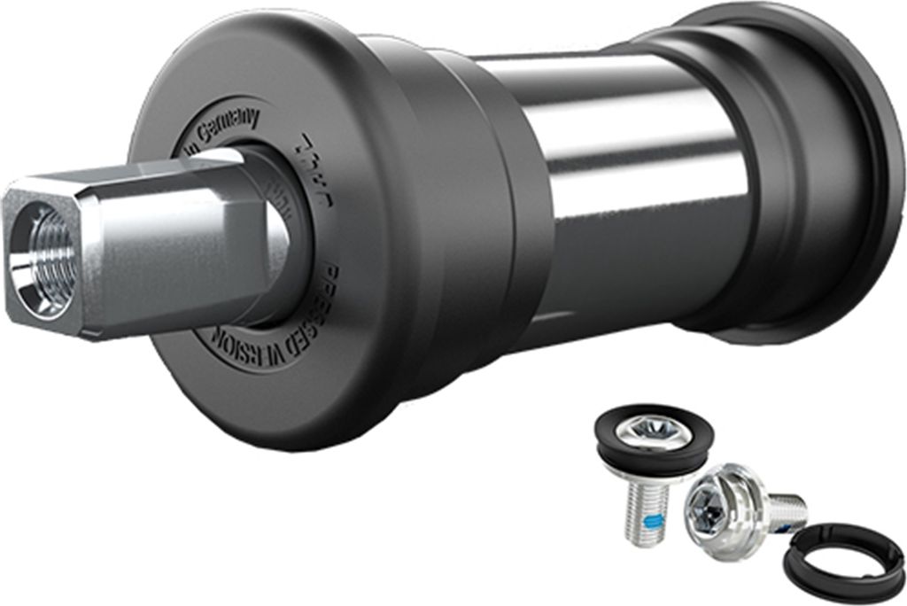 A bicycle bottom bracket and associated parts are shown against a white background.