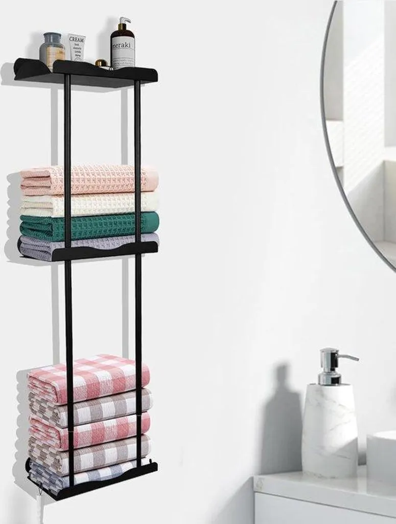 Étagère de salle de bain murale avec porte-serviettes triple et crochets noirs