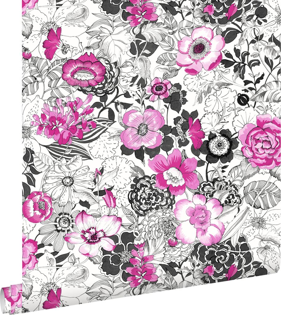 ESTAhome Tapete Blumen Rosa und Schwarz 53 cm x 10.05 m