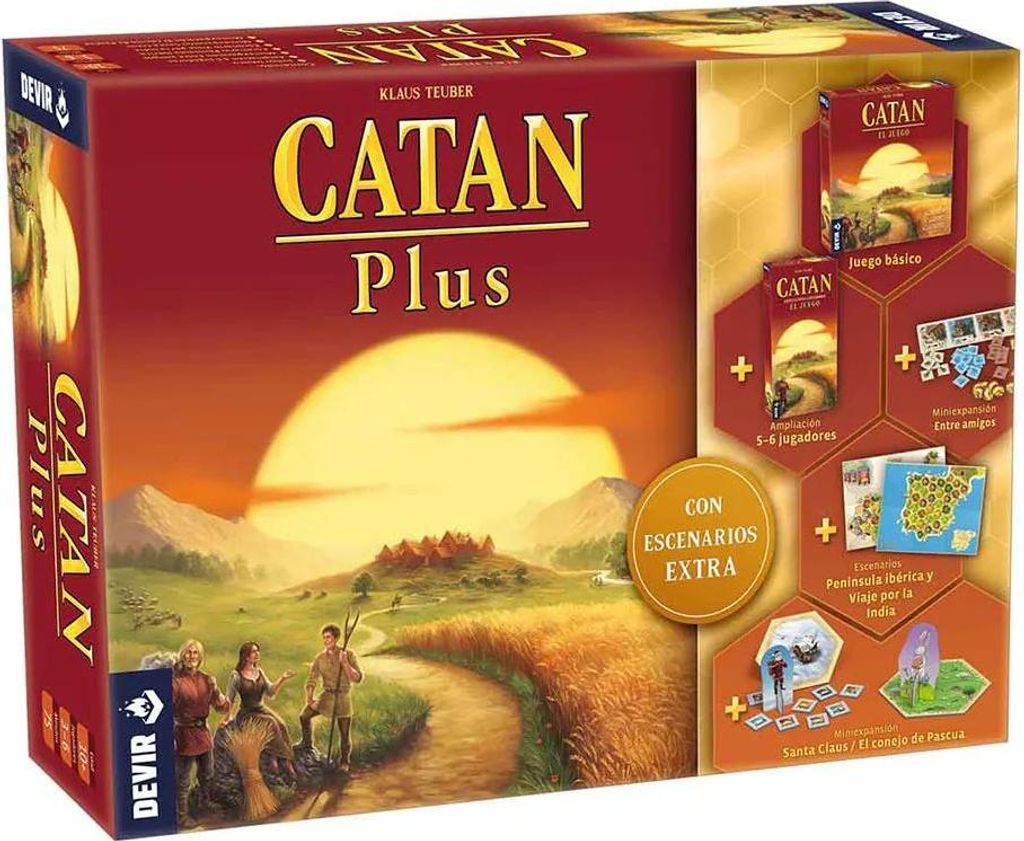 Catan Plus Brettspiel, Ausgabe 2023 inklusive Grundspiel, 5-6 Spieler Erweiterung und 2 alternative Szenarien DEVIR