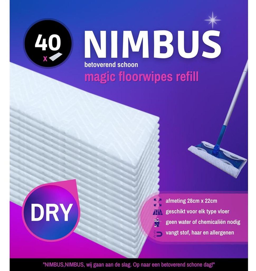 Nimbus Magic Floorwipes Refill 40 Stück - Trockene Bodenwischtücher Weiß 28x22cm Geeignet für Swiffer