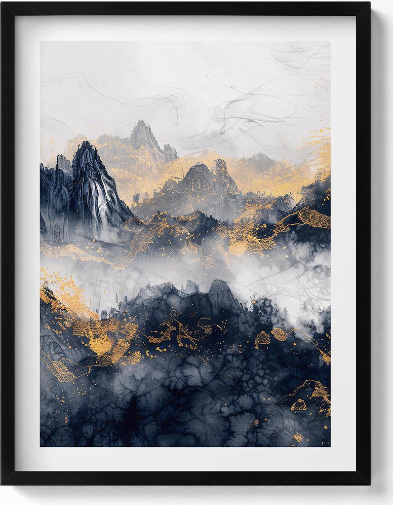Abstrakte Landschaft mit Bergen zwischen Wolken– Wandbild mit Rahmen – Gerahmtes Bild – Wanddekoration – 60x80 cm – Schwarz Rahmen