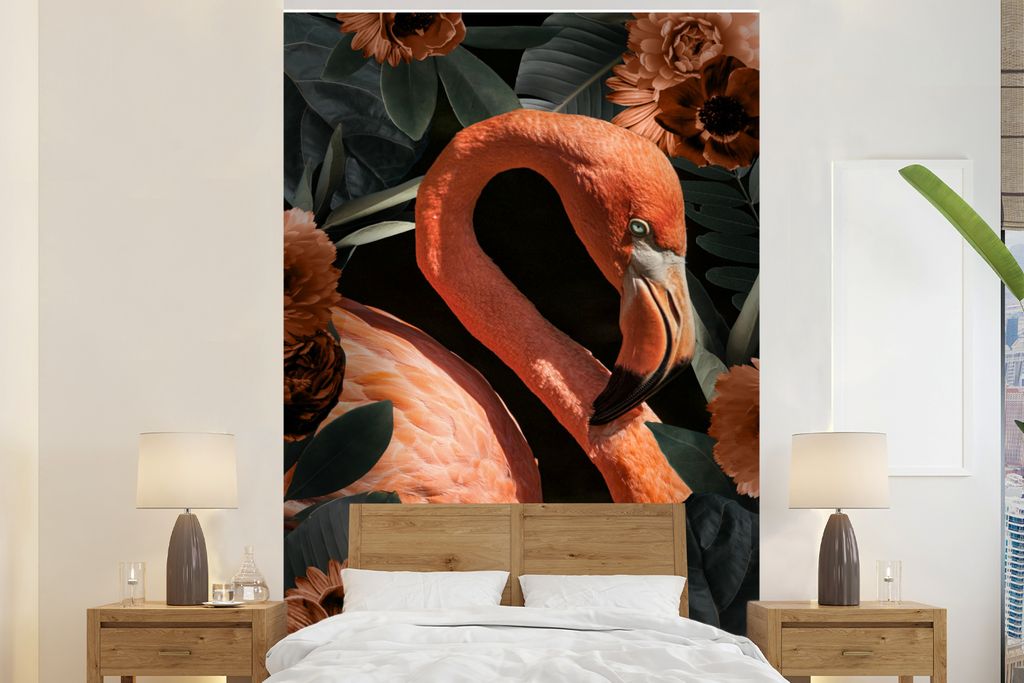 MuchoWow Fototapete für Wohnzimmer oder Schlafzimmer Wandtapete Vinyl Motivtapete Flamingo - Rosa - Blätter - 155x240 cm - Tapete