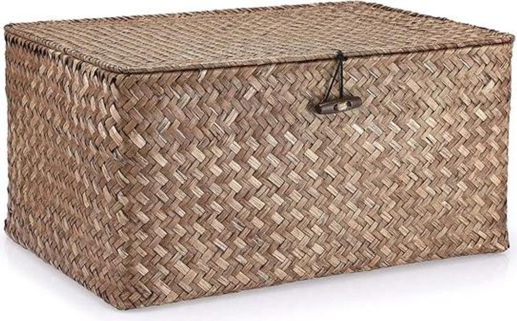 Aufbewahrungskorb aus Seegras mit Deckel – Multifunktionaler Schreibtischkorb für Badezimmer, Regale und Schreibtische (Kaffeebraun, L)