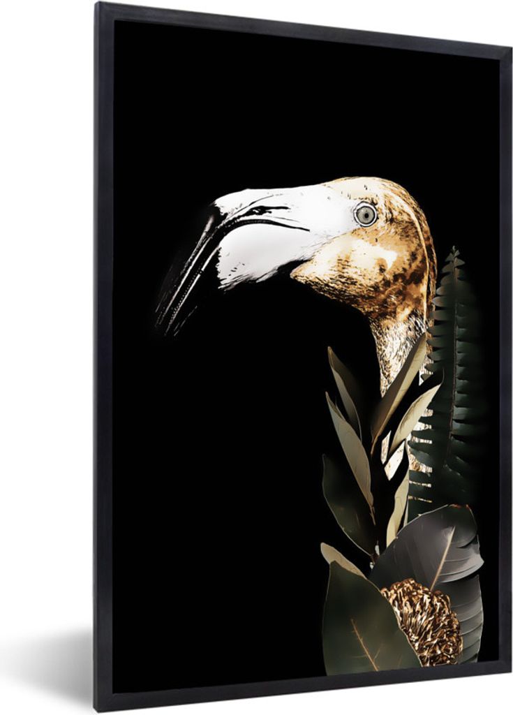 MuchoWow MuchoWow Gerahmtes Poster Porträt - Flamingo - Blätter 40x60 cm - Poster mit zchwarzem Bilderrahmen - Papierdruck - Wandbilder