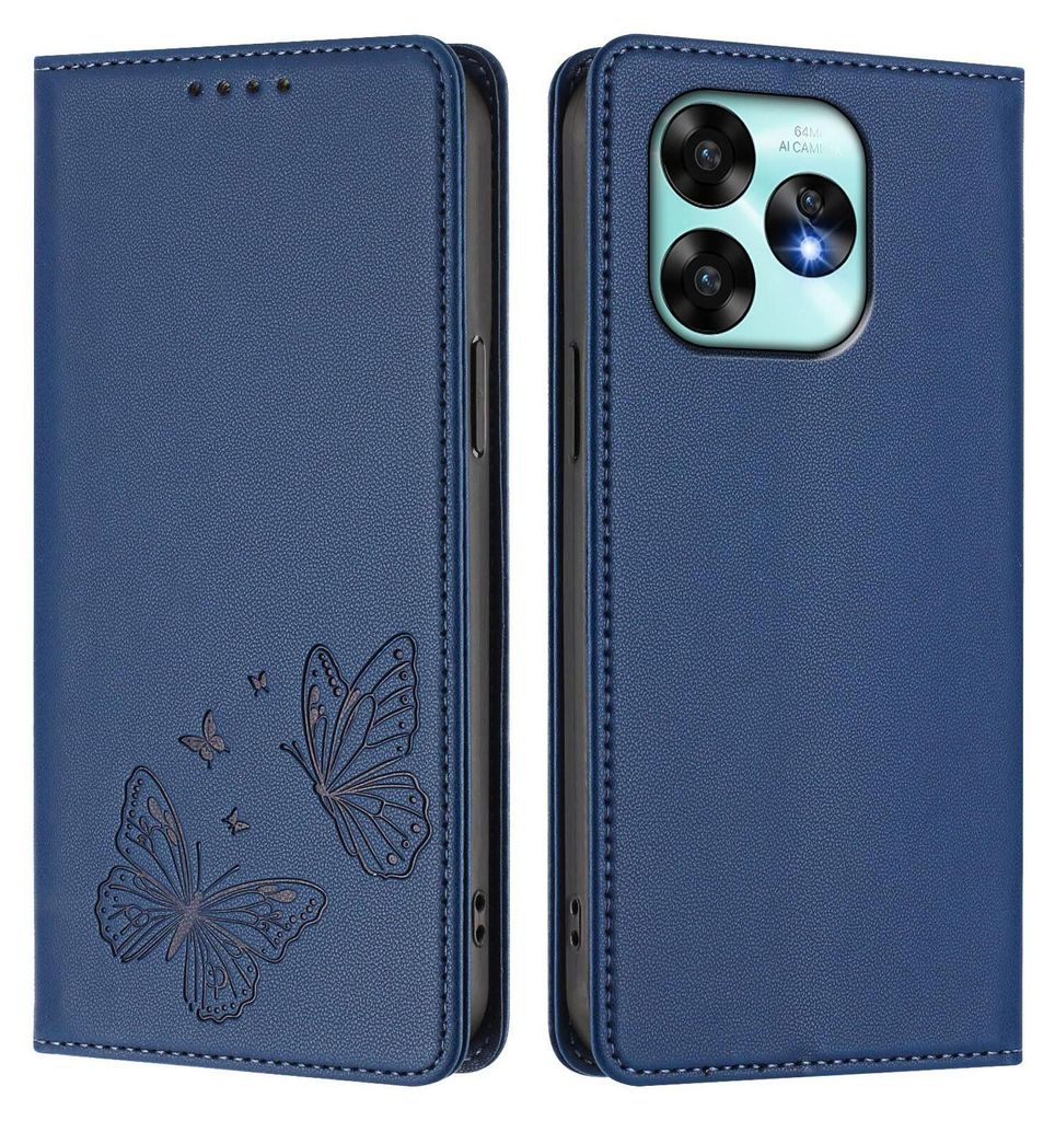 Lederhülle für Umidigi A15 / 15C / 15T, Schmetterling Prägung Leder Brieftasche Schutzhülle mit Ständer Dunkelblau