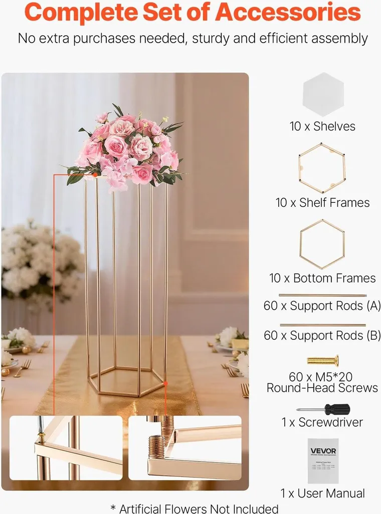 Centre de table mariage colonne dorée 80cm support fleurs hexagonal x10 - 5