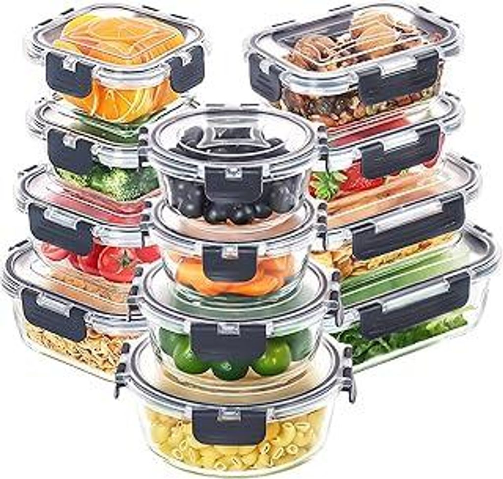 Skroam 24-Teiliges Glasbehälter-Set Mit Deckel - Frischhaltedosen für Lebensmittel, Meal Prep Boxen, Mikrowellengeeignet, BPA-Frei (12 Behälter ...