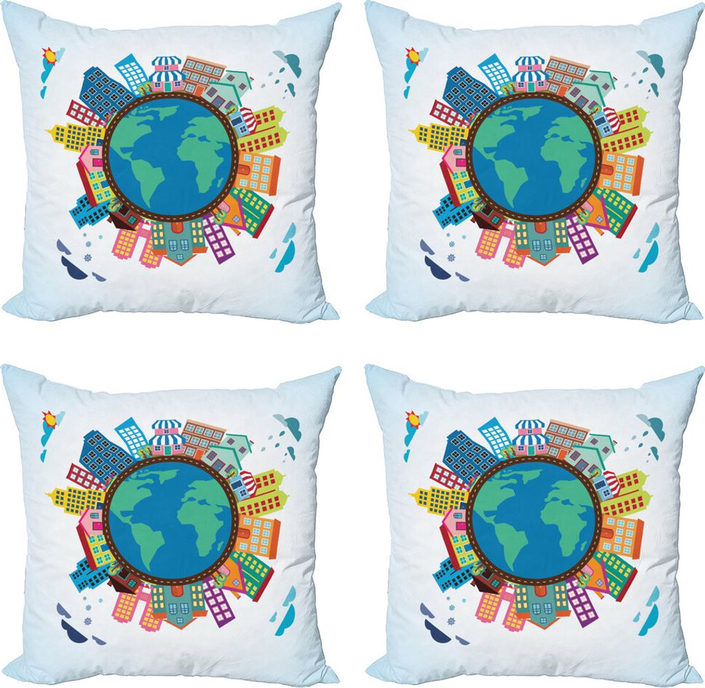 ABAKUHAUS Weltkarte Kissenbezug Set (4 Stück), Wohngebäude, Moderner Doppelseitiger Digitaldruck, 40 cm x 40 cm, Mehrfarbig