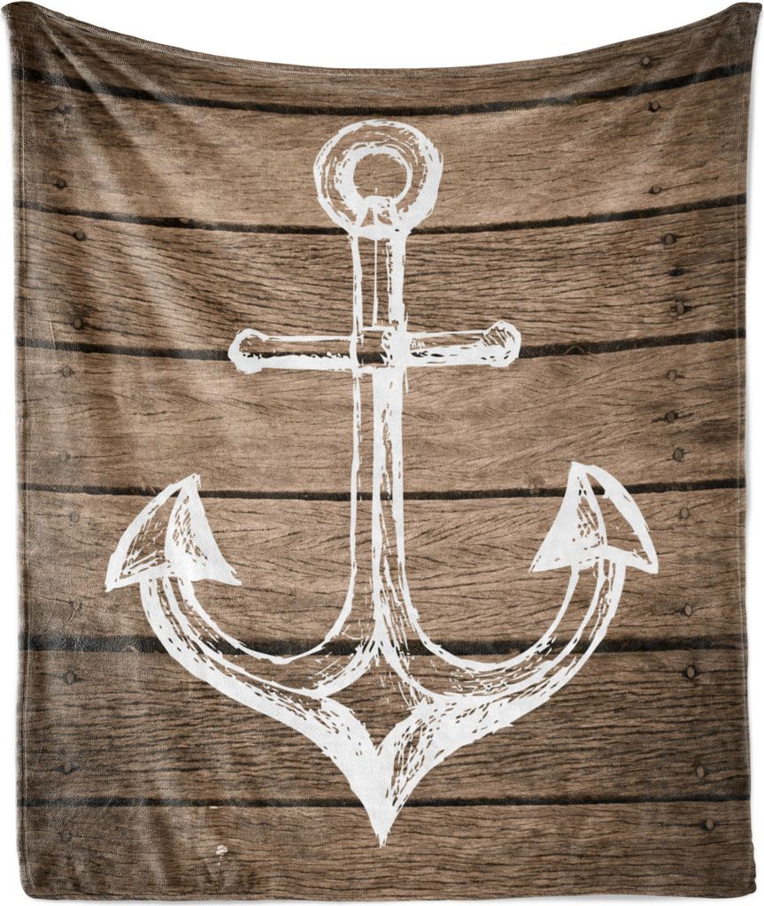 ABAKUHAUS Braun und weiß Weich Flanell Fleece Decke, Anker-Motiv Handzeichnung Boating Skizze rustikale Holzbohlen al, 175 x 230 cm, Taupe Coconut
