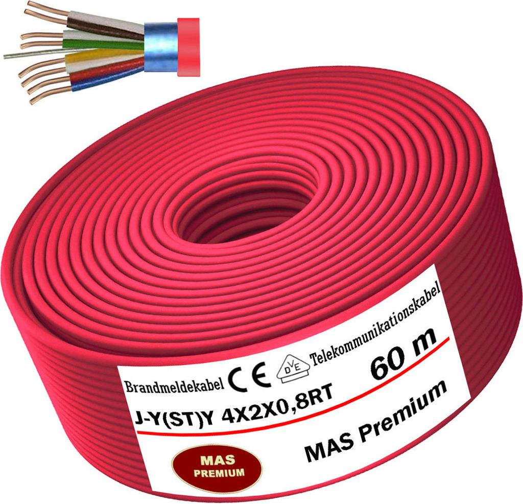 60m J-Y(ST)Y 4X2X0,8RT Brandmeldekabel Telekommunikationskabel Fernmeldeleitung