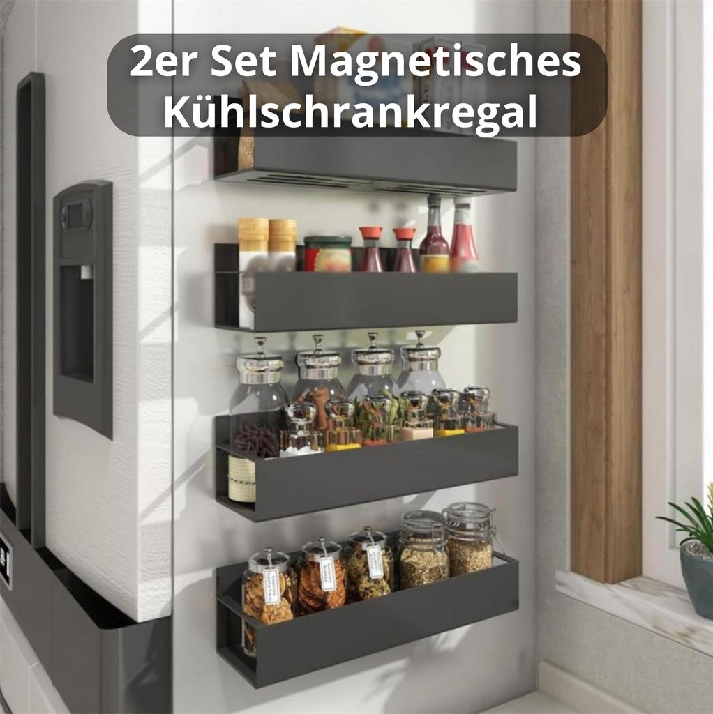 2er Set Magnetisches Kühlschrankregal – Schwarz – Küchen-Organizer Gewürzregal aus Metall für Kühlschrankseite – Platzsparend & Stark ha...