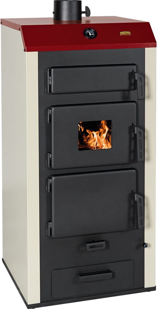 A freestanding wood-burning stove with multiple doors and a chimney pipe on top.