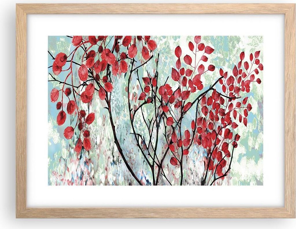 Gerahmtes Poster - Rahmen in heller Eiche - Rot Blätter Zweige - 40x30 cm - Wand Bild - Wanddeko - Wandbilder - Kunstposter - Wandposter - Bilderr...
