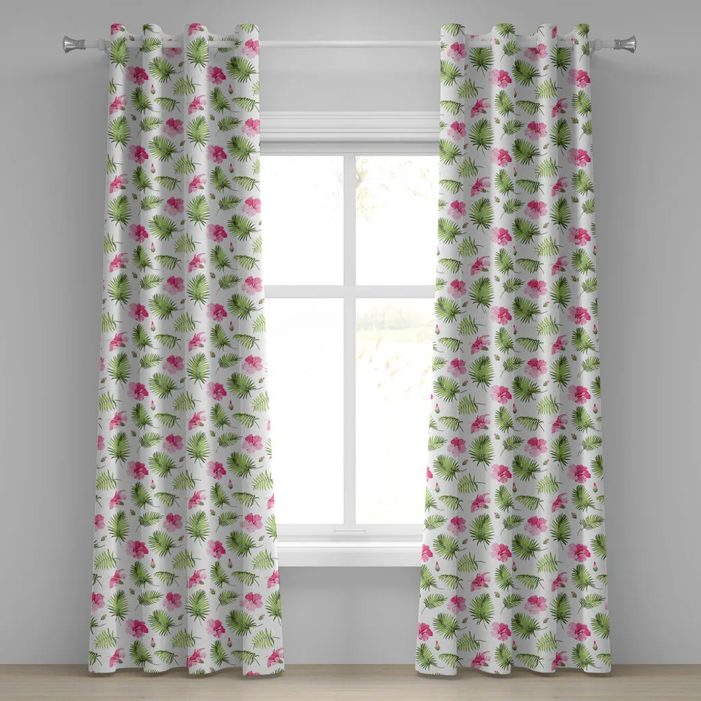 Rideau à œillets tropical fleurs d'hibiscus ABAKUHAUS 280 x 245 cm vert
