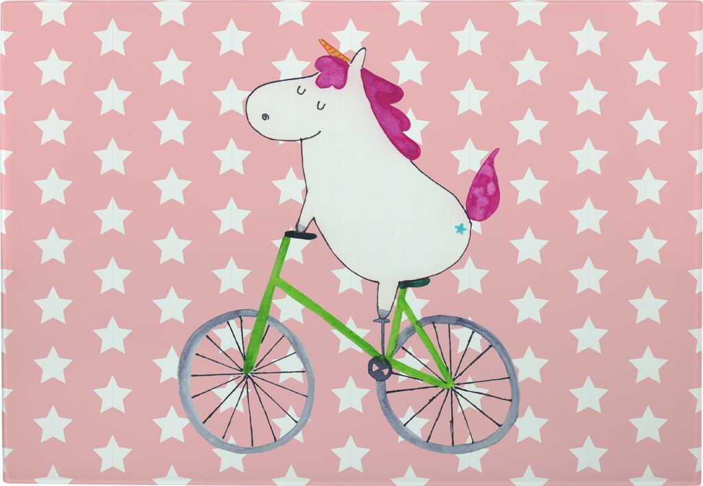 Mr. & Mrs. Panda Schneidebrett Einhorn Radfahrer - Rot Pastell - Geschenk, Frühstücksbrett, Brotzeitplatte, Hackbrett, Unicorn, Rad, Vesperplatte...