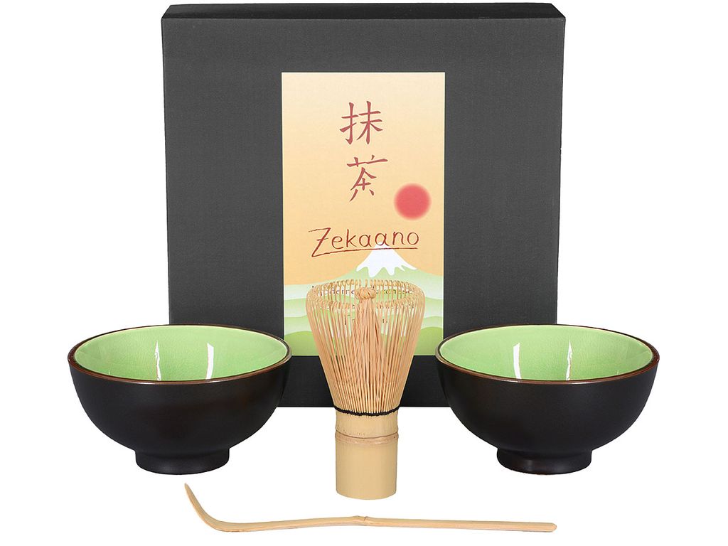 Matcha Set / Matchaset / 2x Matcha Schale 250ml, sommergrün, mit Besen und Löffel in Geschenkbox