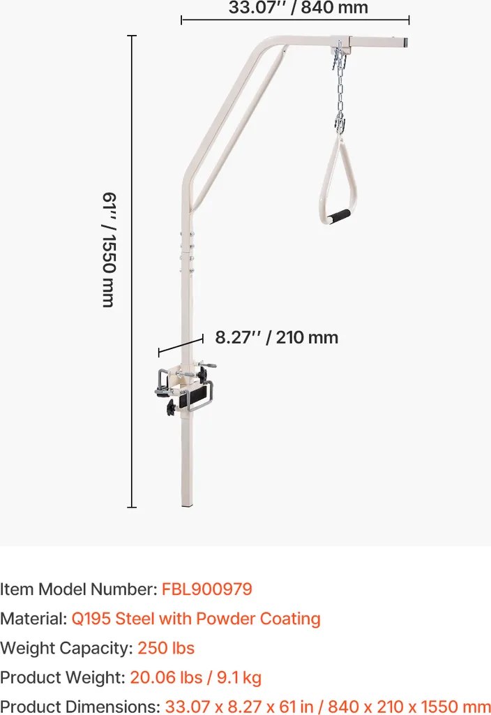 Aide à la Verticalisation de Lit Robuste 113 kg avec Pinces de Fixation - 7