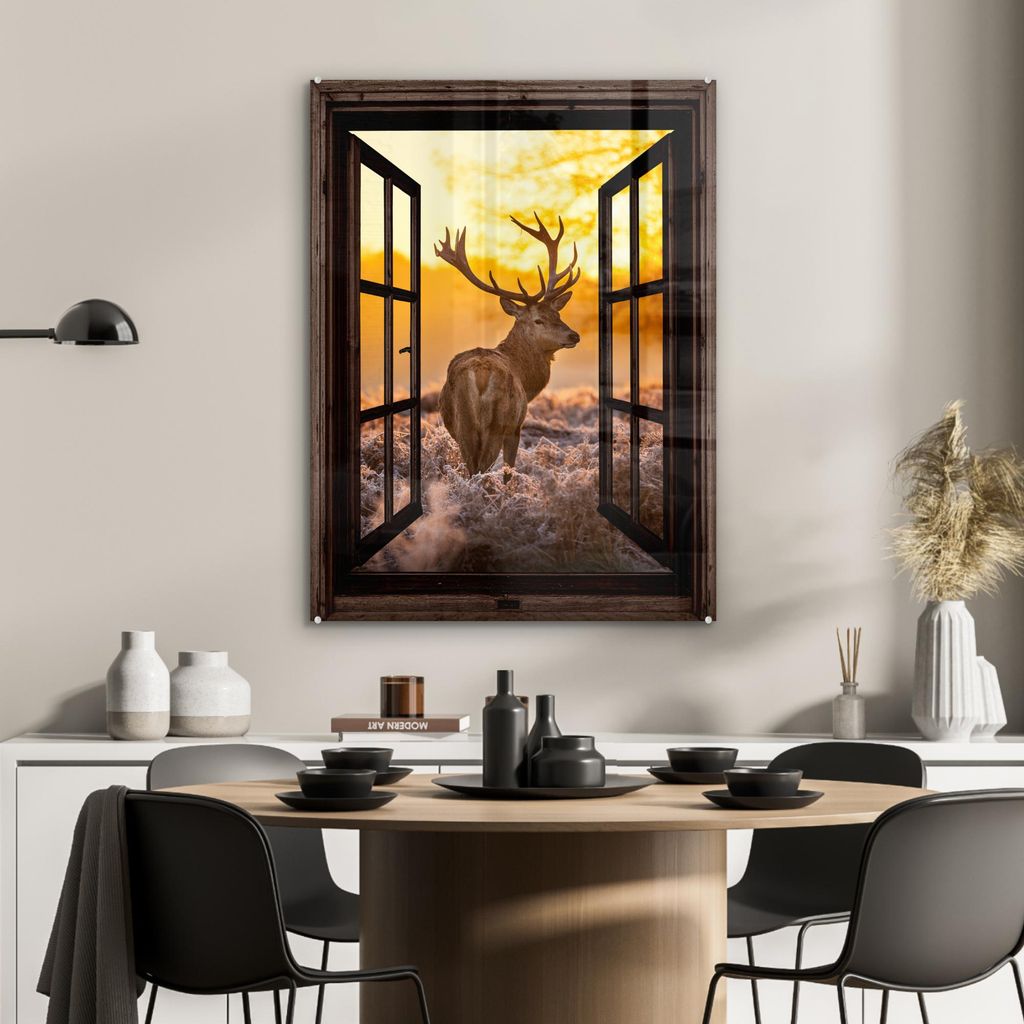 MuchoWow Glasbilder - Bilder auf Wandbild - Foto auf Glas Hirsche - Herbst - Tiere - Natur - Wald - Aussicht 60x80 cm Wanddekoration aus Glas - Acr...