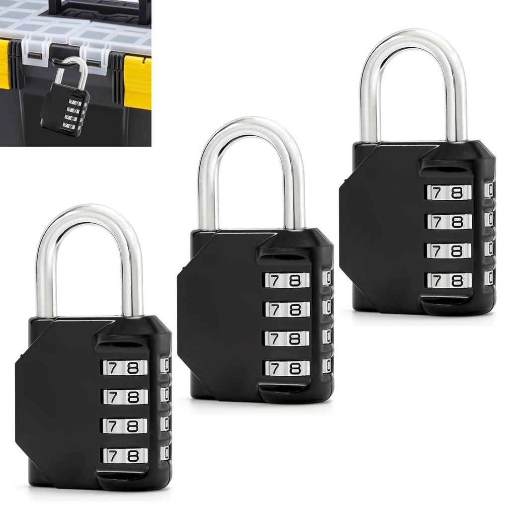 3 Stück Zahlenschloss 4-stellig, Vorhängeschloss für Schule, Gym Locker, Garage, Schrank & Aufbewahrung – Schwarz