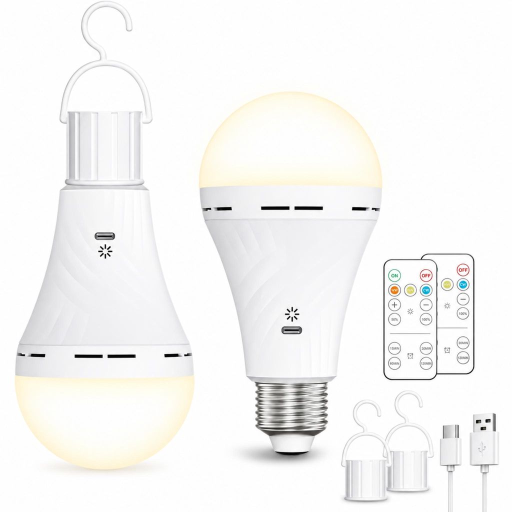 2er Set E27 LED-Akkulampen mit Fernbedienung, USB-C Produktbild 