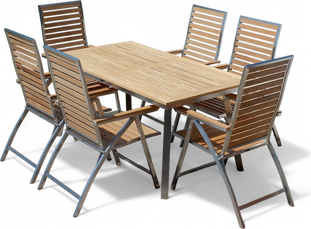 ALEOS. Gartengarnitur Edelstahl Teak Set: Nassau Tisch 160x90 cm + 6 Hochlehner beste Teakholz Qualität A-Grade Sitzgarnitur Gastronomiequalität ...