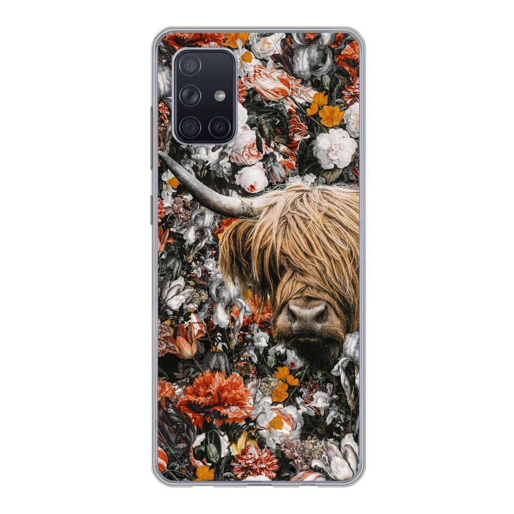 MuchoWow Handyhülle Schutzhülle Hülle für Samsung Galaxy A51 Schottischer Highlander - Blumen - Orange Silikon Softcase Handy Hülle - Schutz...