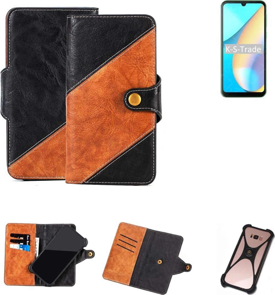 K-S-Trade Handyhülle Schutzhülle Bookstyle Case Wallet-Case kompatibel mit Blackview OSCAL C20 Handy Cover Bumper Klapphülle schwarz hellbraun 1x