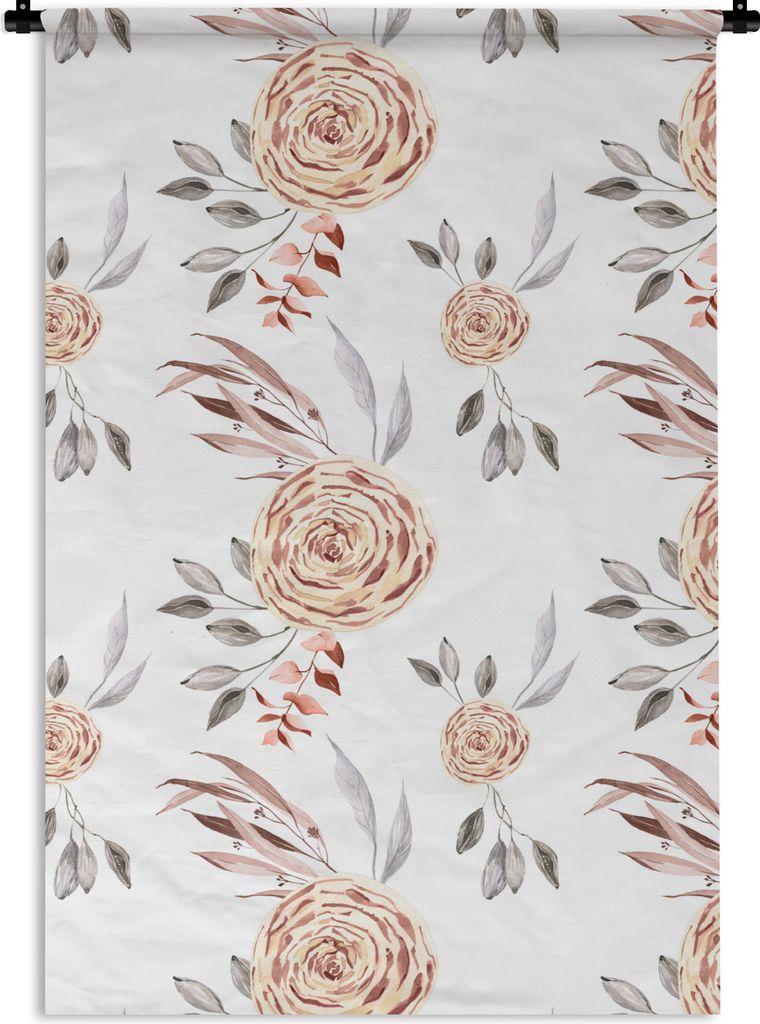MuchoWow Wandteppich Wandbehang Rosen - Blumen - Blätter - Weiß 90x135 cm Tapisserie Dekoration Wandtuch - Baumwolle - Wandskulptur