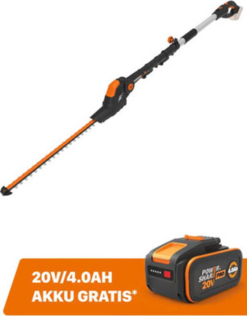 Akku-Teleskop-Heckenschere WORX 20V 45cm WG252E.9 + GRATIS Zugabeartikel Ersatzakku WA3644 4,0 Ah 20V