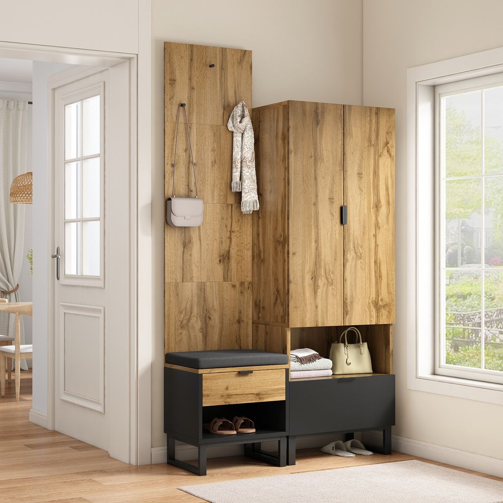 Garderobenset Wandgarderobe, Flurgarderobe Set mit Schuhbank und Kissen, Hängezubehör an der Vorderseite, Schubladen und verstellbaren Einlegeböden