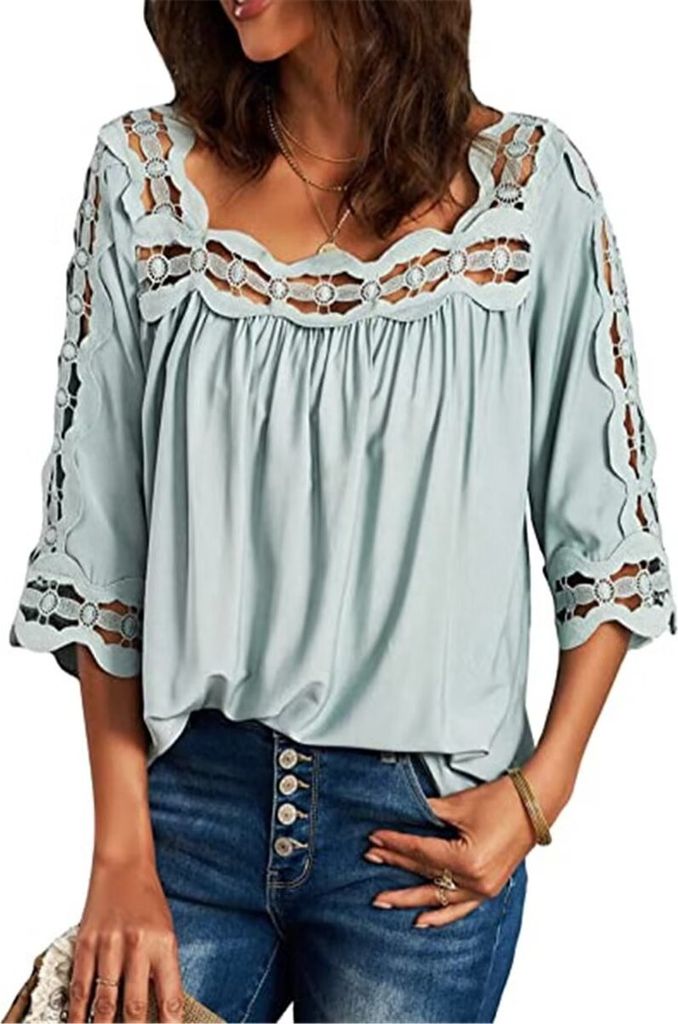 ASKSA Damen Spitze Hollow Bluse 3/4 Ärmel Square Neck Shirts Lose Oberteile, Grün, L