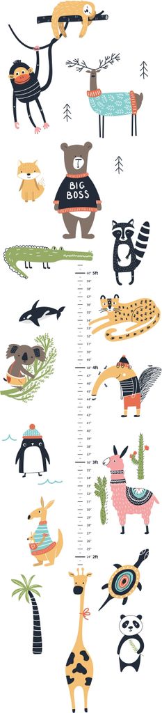 NEWROOM Tapete Bunt Vliestapete Tiere - Wandbild Kinder Grün Gelb Wildtiere Messlatte Maßband Baby Meßskala