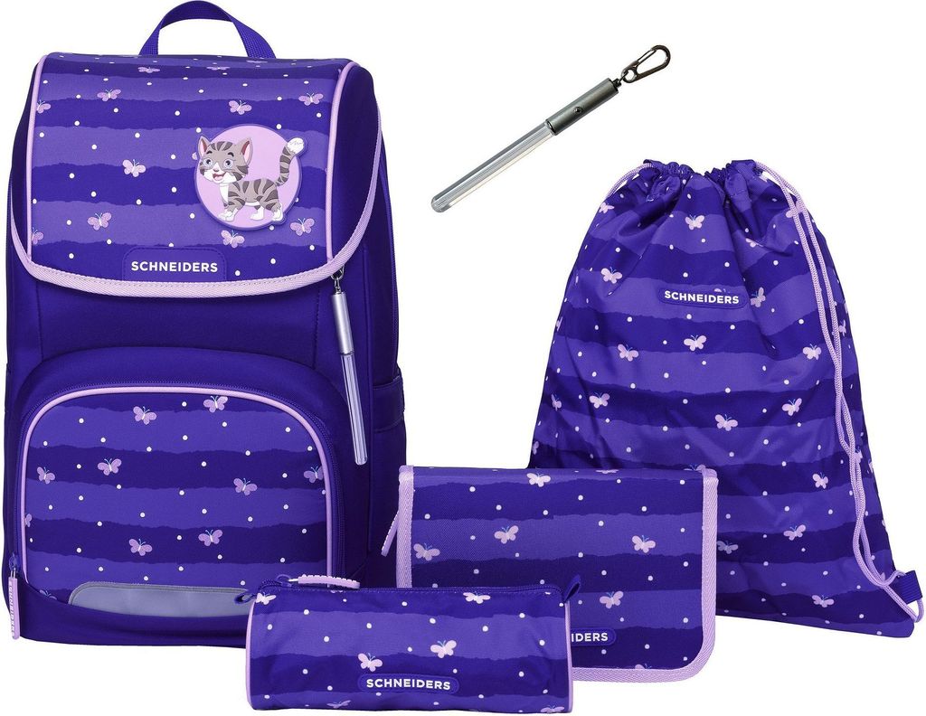 A set of school supplies including a backpack, a drawstring bag, and two pencil cases, all with a purple and butterfly theme.