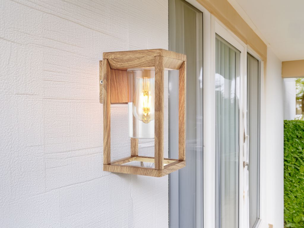 Moderne LED Außenwandleuchte Wandlaterne Terrassenbeleuchtung Holzoptik, H: 27cm