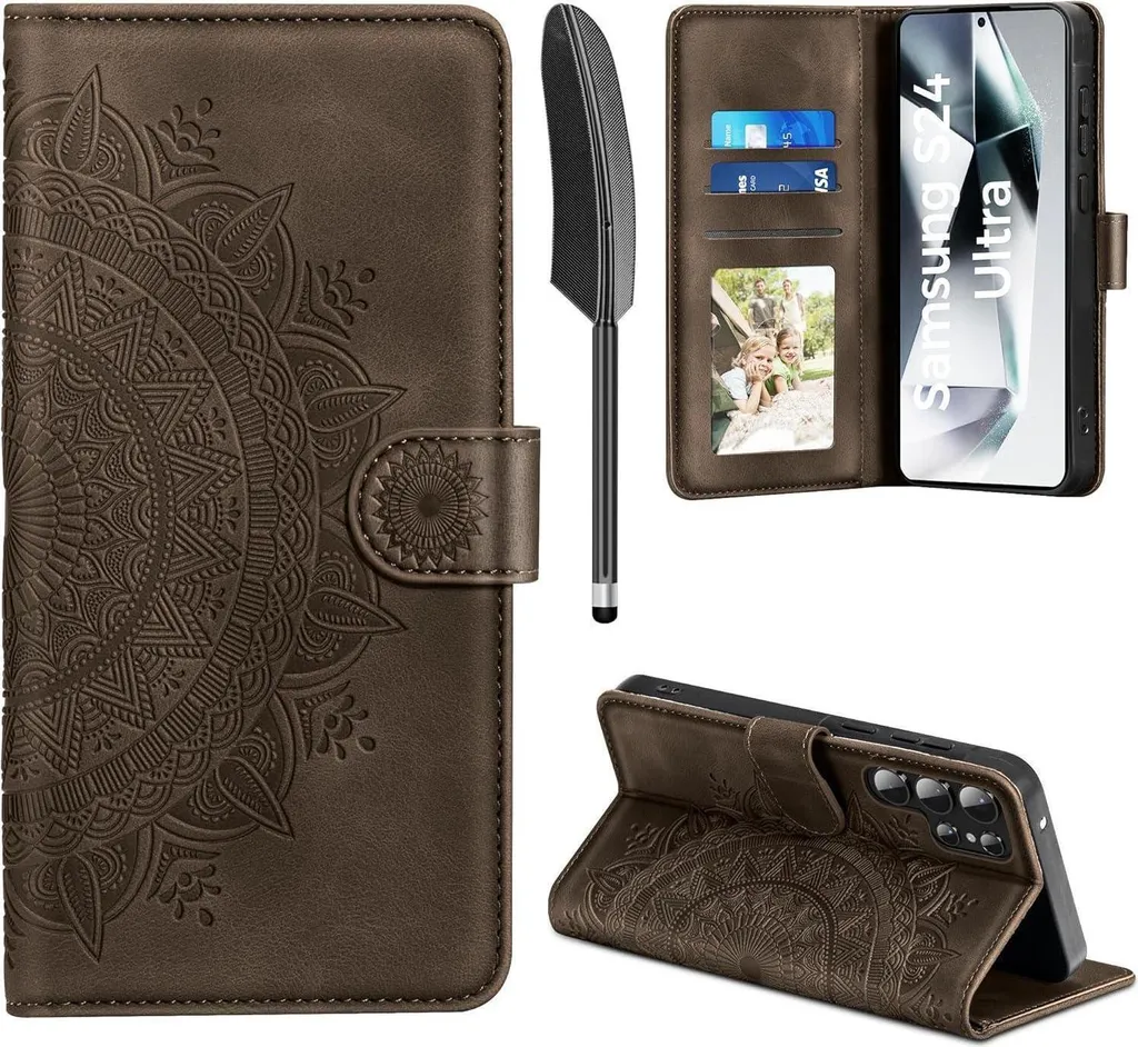 Housse Samsung Galaxy S24 Ultra Etui Flip Wallet en Cuir Brun Premium