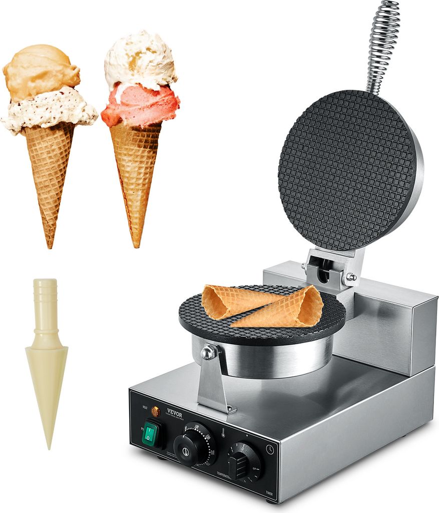 A commercial waffle cone maker with ice cream cones and a cone shaper.